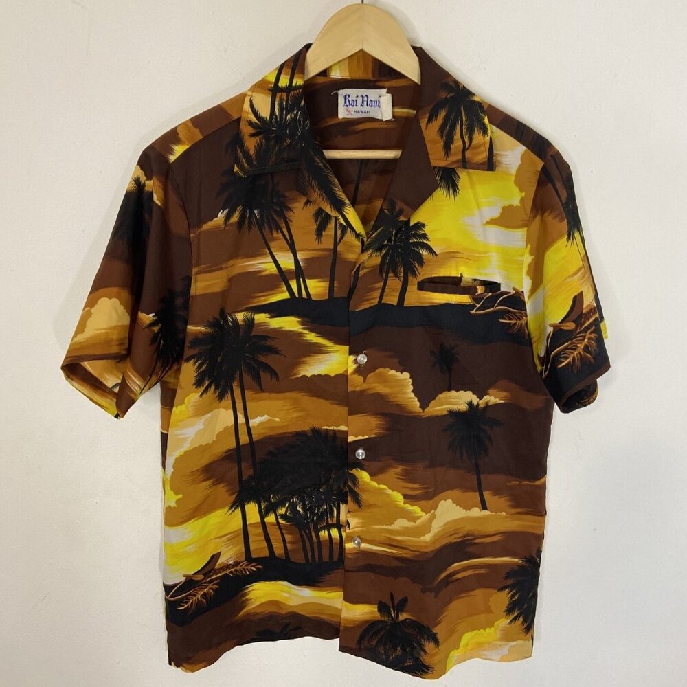 Vintage Hawaiian Shirt Kai Nani Hawaii Men S/M USA 70s Sunset Ocean Tiki
